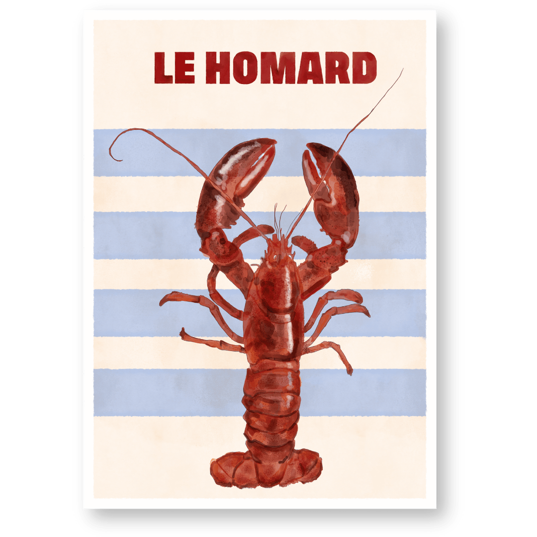Art print poster featuring a detailed illustration of a lobster against a simple background.
