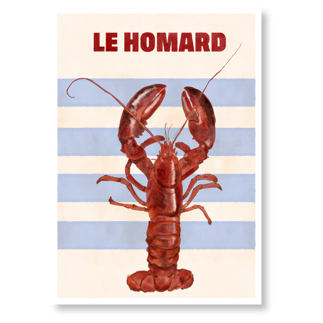 Poster featuring a lobster with the text "le hommard," showcasing a vibrant lobster art print design.