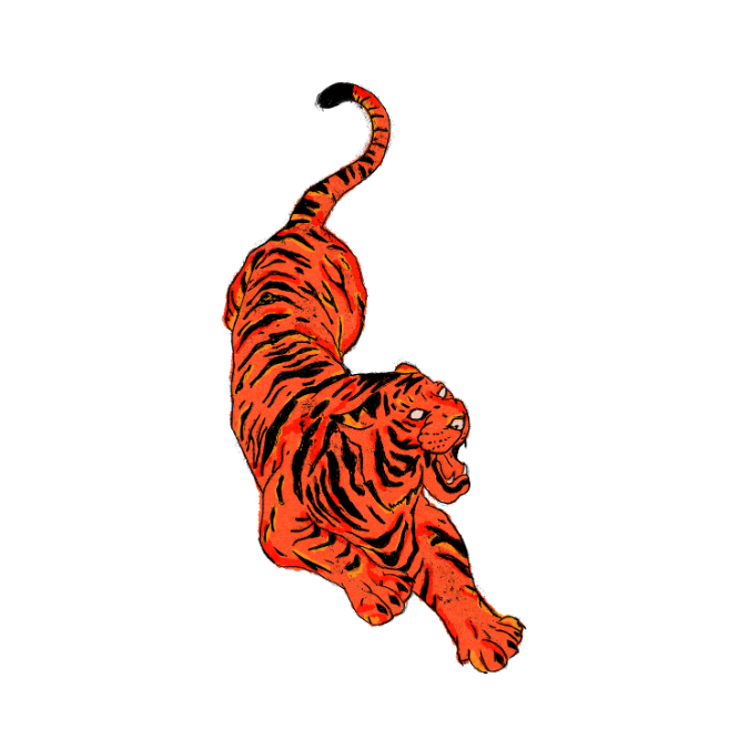 A vibrant tiger sticker displayed on a solid black background.
